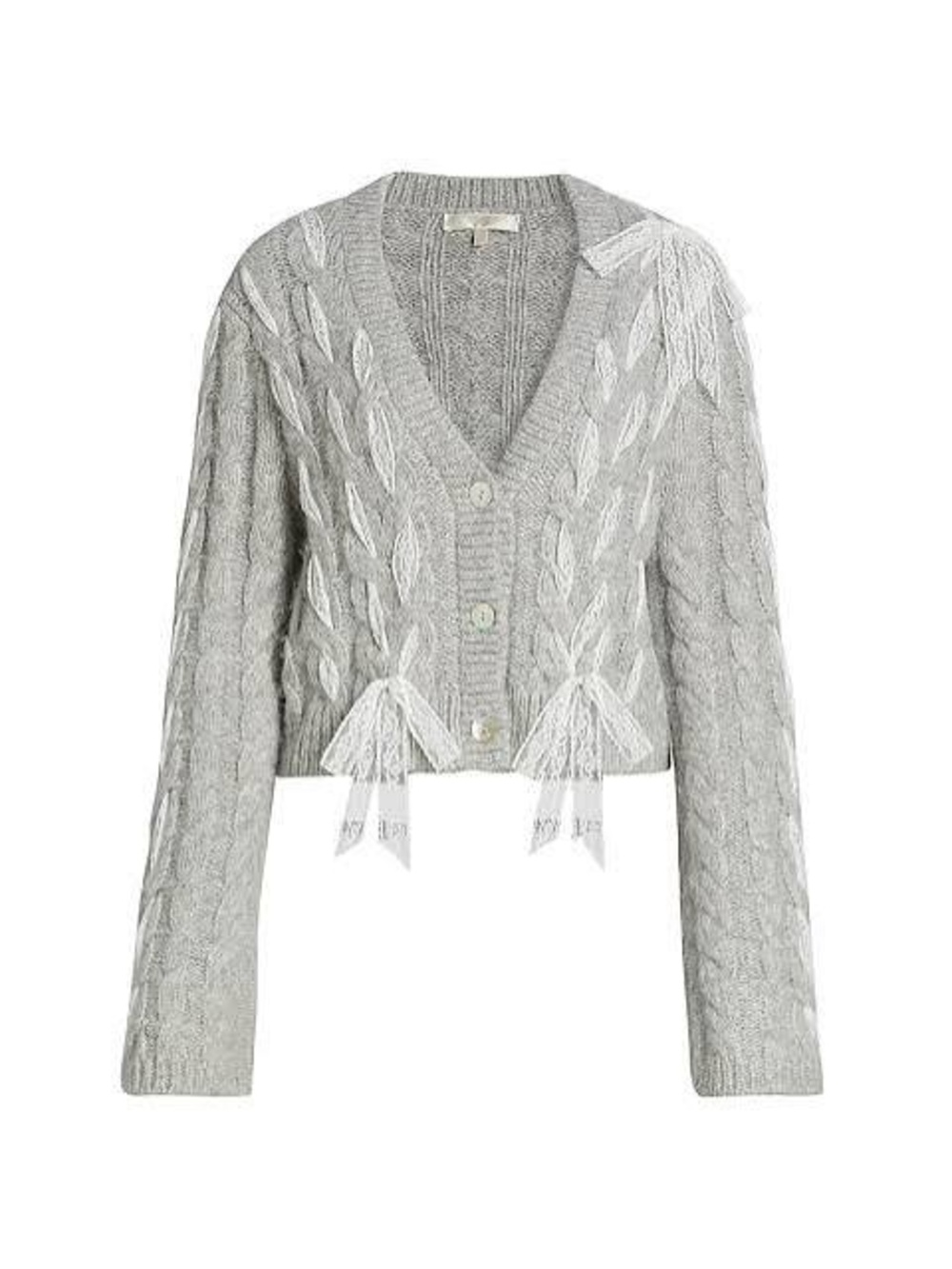 LoveShackFancy Gray Cable-Knit V-Neck Cardigan with Lace Bows